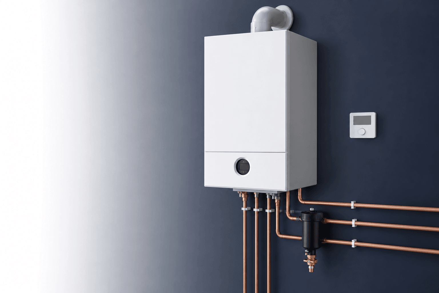 Professionally installed wall-mounted boiler with neat copper pipework, magnetic filter and flue