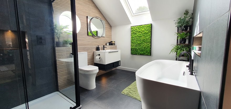 Modern luxury bathroom with walk-in shower, freestanding bath, vanity and premium fittings