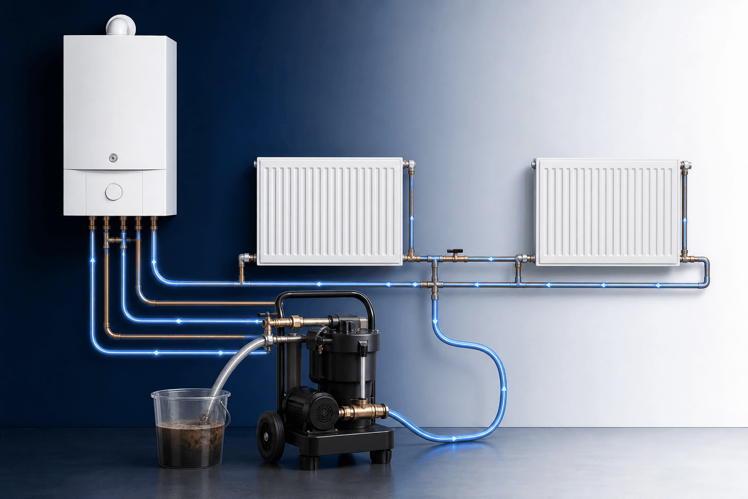 Central heating power flush setup showing boiler, radiators and restored water circulation through the system